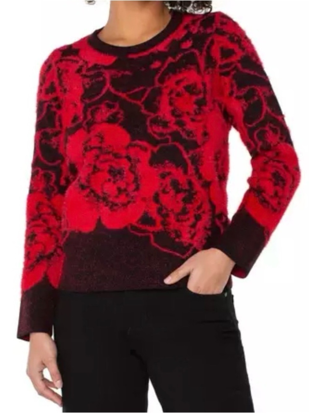 NWT Liverpool Red Black Floral Crewneck Sweater Long Sleeve Soft Vibrant Women